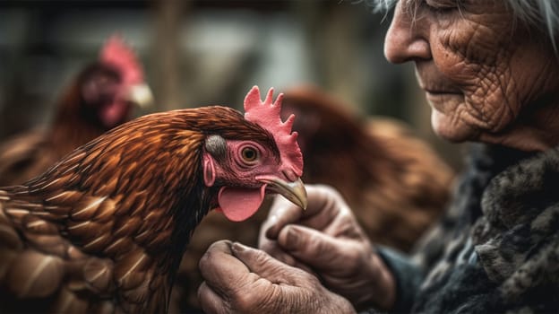Chicken feed is at hand, grandmother with her native chicken.Generative AI