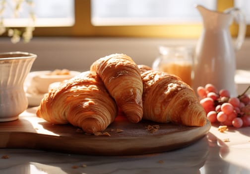 Cup of tea with flowers and croissants on a marble tabletop in the morning sun.Generative AI