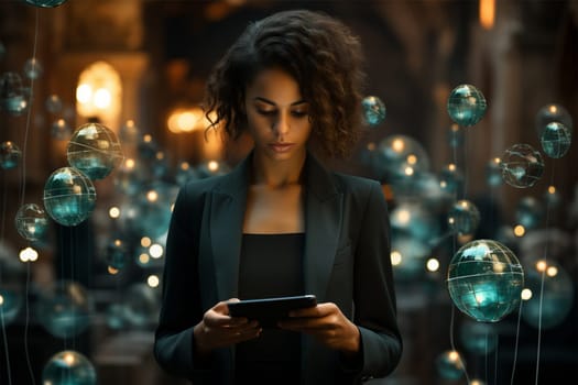 young woman in a suit holding a digital tablet indoors among glass balls. surfing social networks or immersing yourself in reading a book. Generative AI