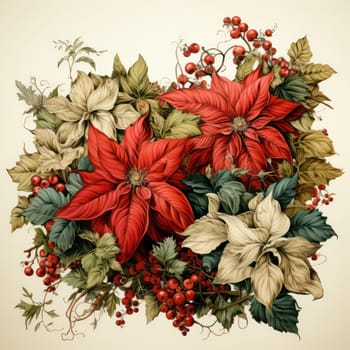 Floral arrangement with poinsettia, pine trees, berries, eucalyptus in a traditional bright color palette. Christmas card in watercolor.Generative AI