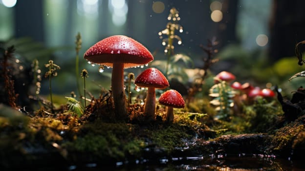 beautiful fly agaric mushrooms with drops of water after rain in a forest clearing. poisonous fly agaric mushrooms growing in the forest.Generative AI