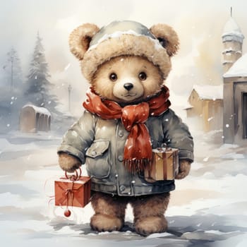a bear cub in a coat and scarf brings Christmas gifts to his family. a holiday card in Watercolor style. Generative AI