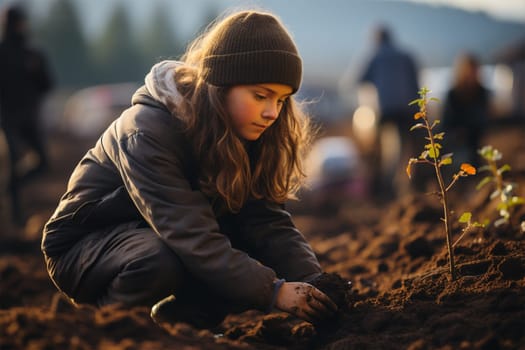 A curly girl plants a young tree in the ground. People plant young trees together as a global concept of caring for the environment.Generative AI