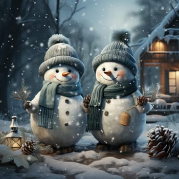 Snowmen in knitted hats and scarves against the background of a snowy landscape with lights and a festive garland. Generative AI
