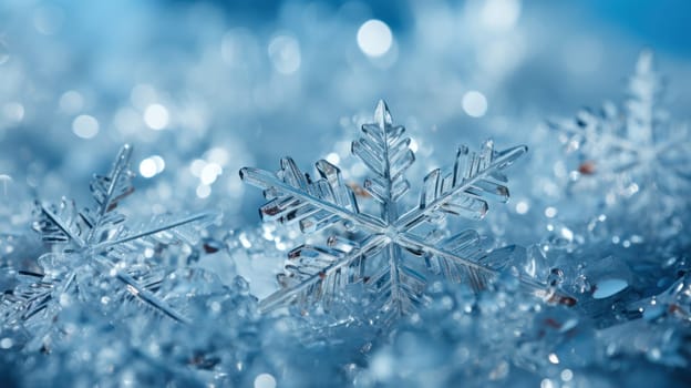 background Snowflakes close-up. concept of winter, cold, beauty of nature.Macro photo. Copy space. Generative AI