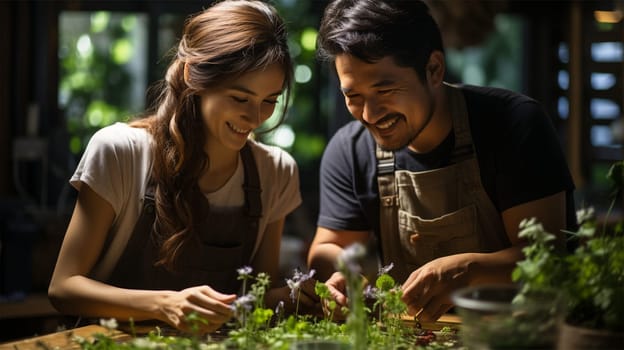 a couple of young woman and man farmer working on the farm together. Happy couple inspecting harvest of ripe organic vegetables. Agricultural business technology concept. Generative AI