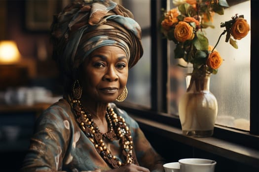 beautiful senior woman in ethnic clothes resting in a cafe. concept of preserving national identity.Generative AI