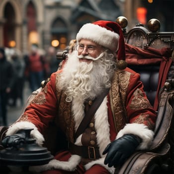 Santa Claus in a stylized retro car with embroidery and with ethnic elements on clothes. Generative AI