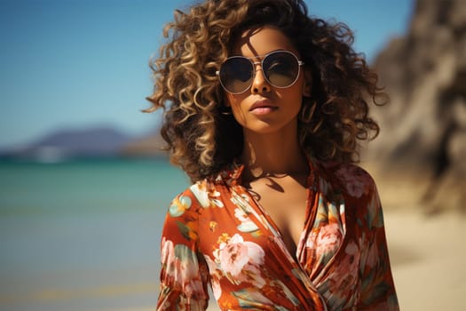 Beauty portrait of a young beautiful woman with tanned skin in sunglasses and bright clothes against the background of the sea. Beautiful woman with curly hair. Vacation and travel concept. Generative AI