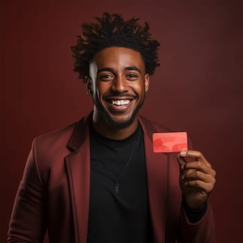 Young cheerful african american man holding bank card on red background. Generative AI