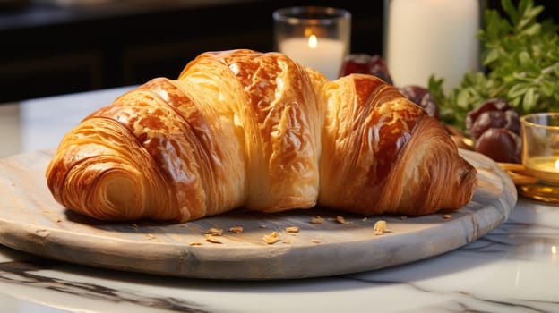 freshly baked croissant with butter served on a white plate on a marble table with flowers on a sunny morning.Generative AI