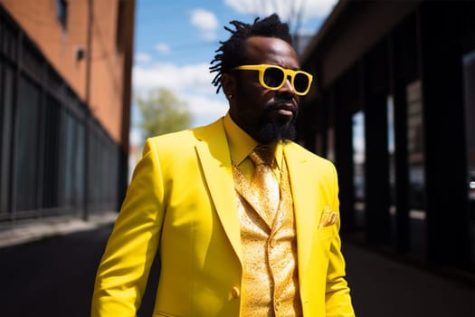 African American man in a stylish yellow suit and sunglasses.Generative AI