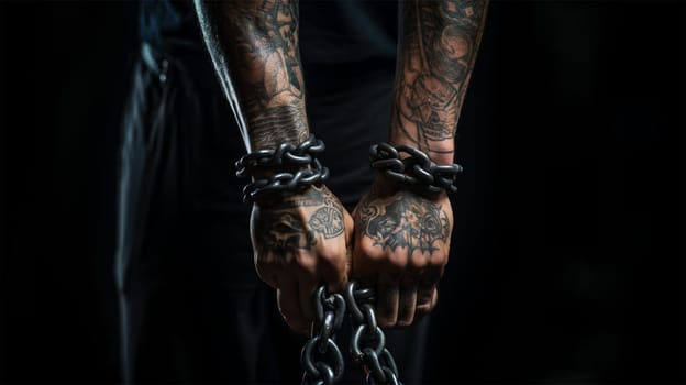 hands of a man in chains. Anti-slavery and illegal imprisonment concept .Generative AI