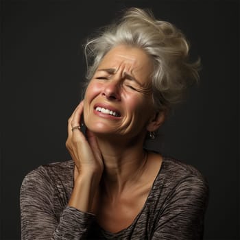 Old woman suffering from pain on dark background .Generative AI