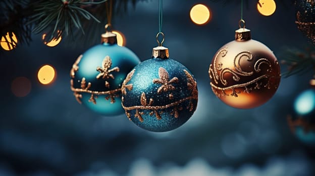Christmas balls on blurred background, Christmas or New Year. copy space.Generative AI
