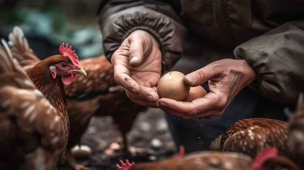 Farmer holding fresh organic eggs. Generative AI