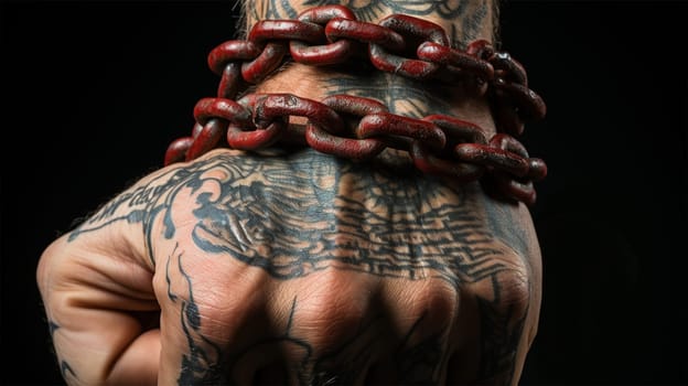 hands of a man in chains. Anti-slavery and illegal imprisonment concept .Generative AI
