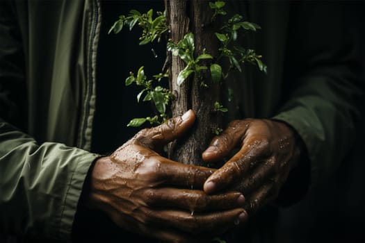 the hands of an elderly man with wrinkles hold a young tree seedling. Concept of gardening and protecting the environment and continuing life.Generative AI