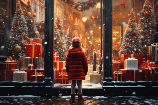 little girl in a red jacket looking through a display window at Christmas decorations and gifts in a store.Generative AI