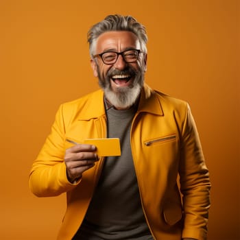 gray-haired cheerful man in a yellow jacket with a bank card on a yellow background.Generative AI