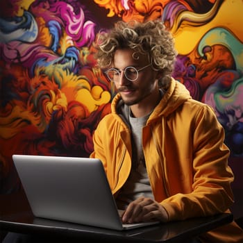 a young man in glasses and a yellow jacket with a laptop against the backdrop of a bright cafe interior. Generative AI