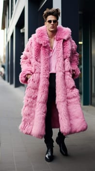 Young stylish man in a pink long fur coat on a city street, illustration for a fashion magazine. Generative AI