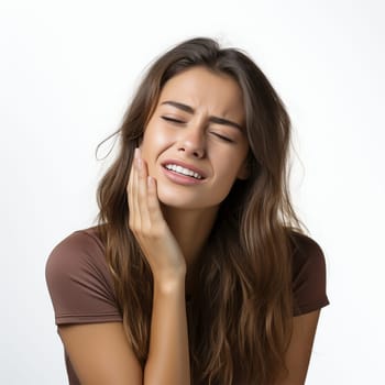 a woman suffering from a painful toothache closes her eyes and touches her cheek. Generative AI
