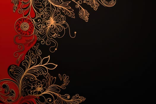 gold and red elegant Christmas ornament on black background with copy space.Greeting Christmas card.Generative AI