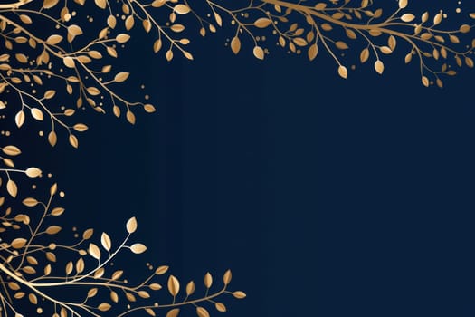 golden elegant Christmas ornament on blue background with copy space.Greeting Christmas card.Generative AI