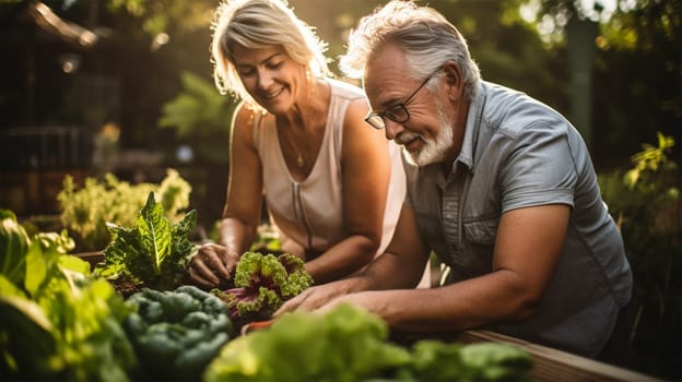 elderly couple woman and man farmer working on the farm together. Happy couple inspecting harvest of ripe organic vegetables. Agricultural business technology concept. Generative AI