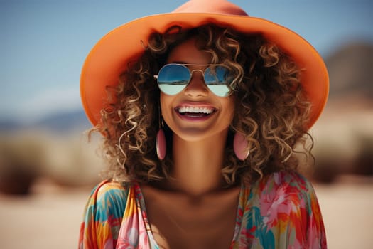 Beauty portrait of a young beautiful cheerful woman with tanned skin in sunglasses and bright clothes against the background of the sea. Beautiful woman with curly hair. Vacation and travel concept. Generative AI