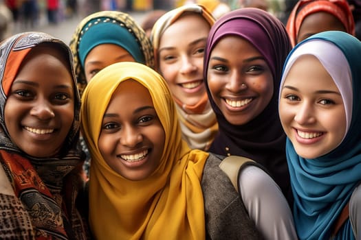 beautiful young women in muslim clothes in bright colors laugh at the camera while standing together. Portrait of modern young women.racial diversity. Women's fashion concept.Generative AI