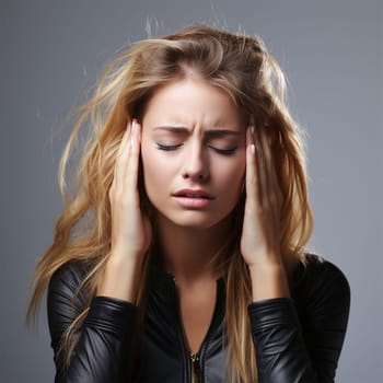 young woman holds her head with her hands and suffers from a headache.Generative AI