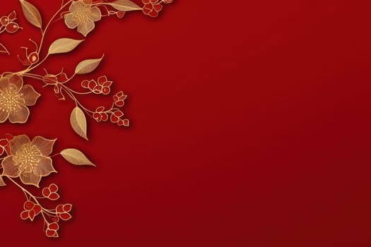 golden elegant Christmas ornament on red background with copy space.Greeting Christmas card. Generative AI