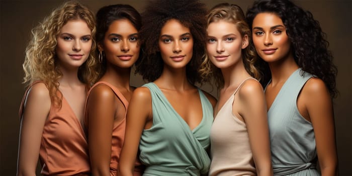 friendship, fashion, body positivity, diversity and people concept - group of happy women of different races in casual clothes. Generative AI