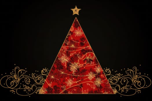 golden elegant Christmas ornament with Christmas tree decorations on black background with copy space.Greeting Christmas card.Generative AI