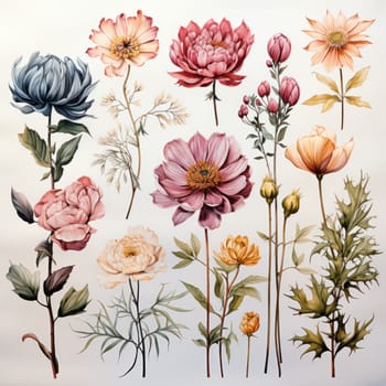 Watercolor purple and pink flowers and leaves, collection of floral illustrations on a light background.Set of watercolor flowers.Generative AI