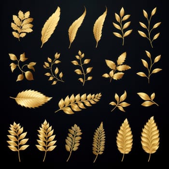 Golden tropical leaves on a black background, can be used as design elements for cards and banners.Generative AI