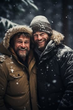 Happy couple, friends on a snowy day before Christmas. Christmas Eve.Generative AI