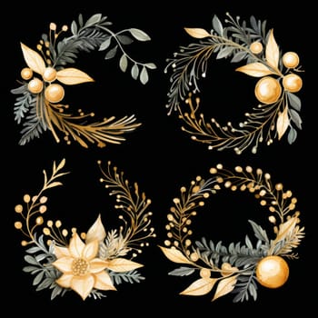 watercolor Christmas wreath of leaves, flowers and berries on a black background.elements for the design of Christmas cards and banners.Generative AI