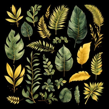 Watercolor tropical floral illustration with green leaves and greenery on black background for wedding inspiration, greetings, wallpapers, backgrounds, banners, cards and logo. duotone.Generative AI