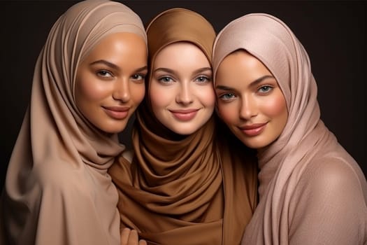 beautiful young women in muslim clothes in pastel colors posing, smiling at the camera, standing together. Portrait of modern young women.racial diversity. Women's fashion concept.Generative AI