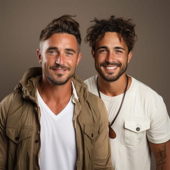 portrait of two friends on a gray background. Generative AI