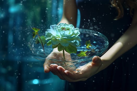 A woman holds a gentle image of nature in her hands on a background of emerald green water.World Environment Day, illustration for content about global warming.Generative AI
