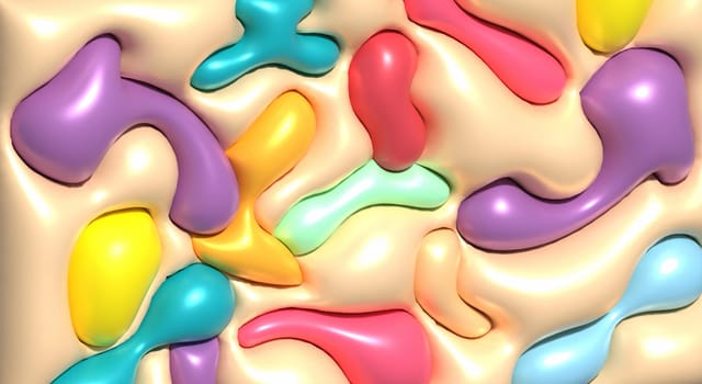 Abstract background with various inflated figures, 3D rendering illustration