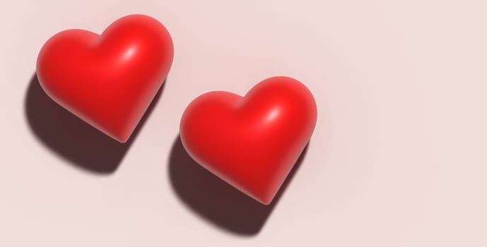 Two hearts with shadow on a beige background, 3D rendering illustration