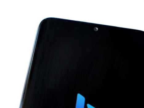 Lod, Israel - July 16,2023: Bing Browser app launch screen on smartphone on white background. Top view flat lay with copy space.