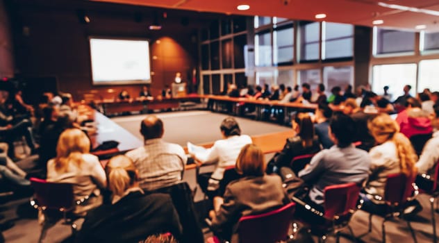 Speaker giving a talk on corporate business event. Audience at the conference hall. Business and Entrepreneurship event. Focus on unrecognizable business people in the rear.
