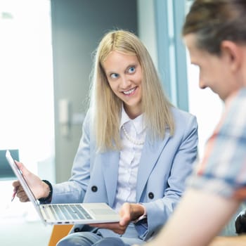 Business meeting. Client consulting. Confident business woman, real estate agent, financial advisor explaining details of project or financial product to client in office