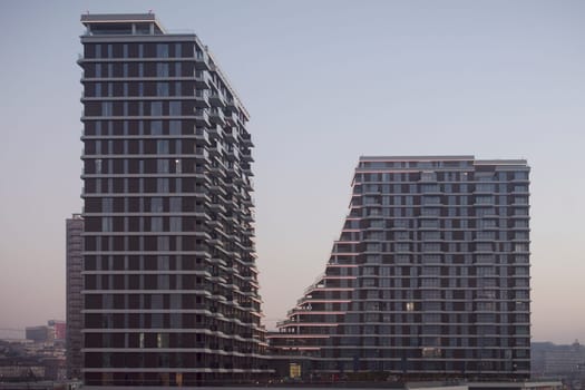 Belgrade Waterfront buildings in twilight, modern architecture and real estate concept in Serbia.